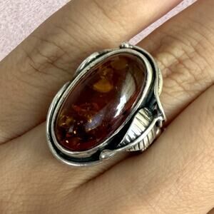 sterling silver vintage polish amber leaf ring size 5.25